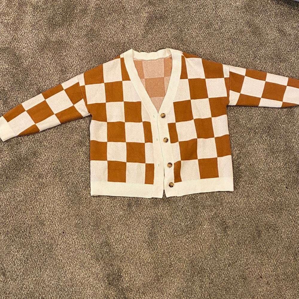 Checker Knit Button-Front Cardigan Jacket - Cream & Brown